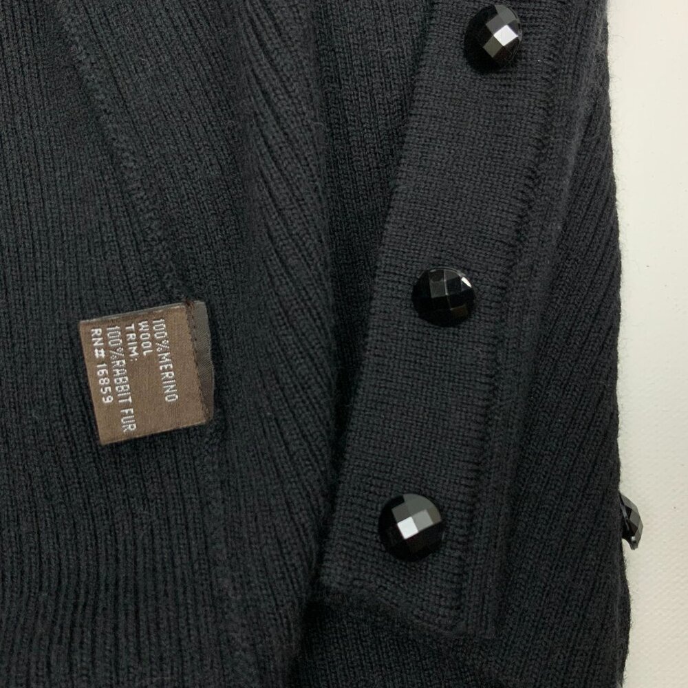 J. Mclaughlin Wool Button Up Rabbit Fur Collar Cardigan Sweater Black Size L - Picture 14 of 16